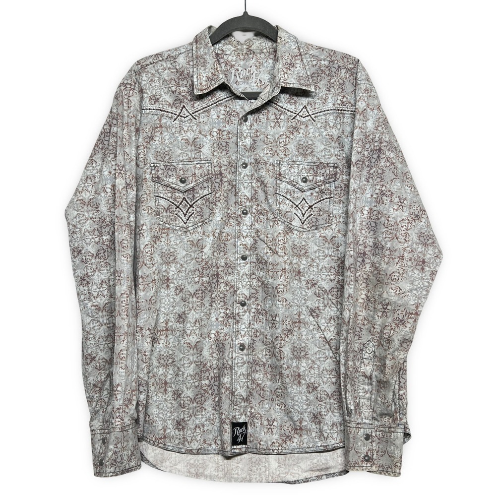 Rock 47 Wrangler Western Snap Shirt Mens Medium Grey Paisley Good Slim Fit